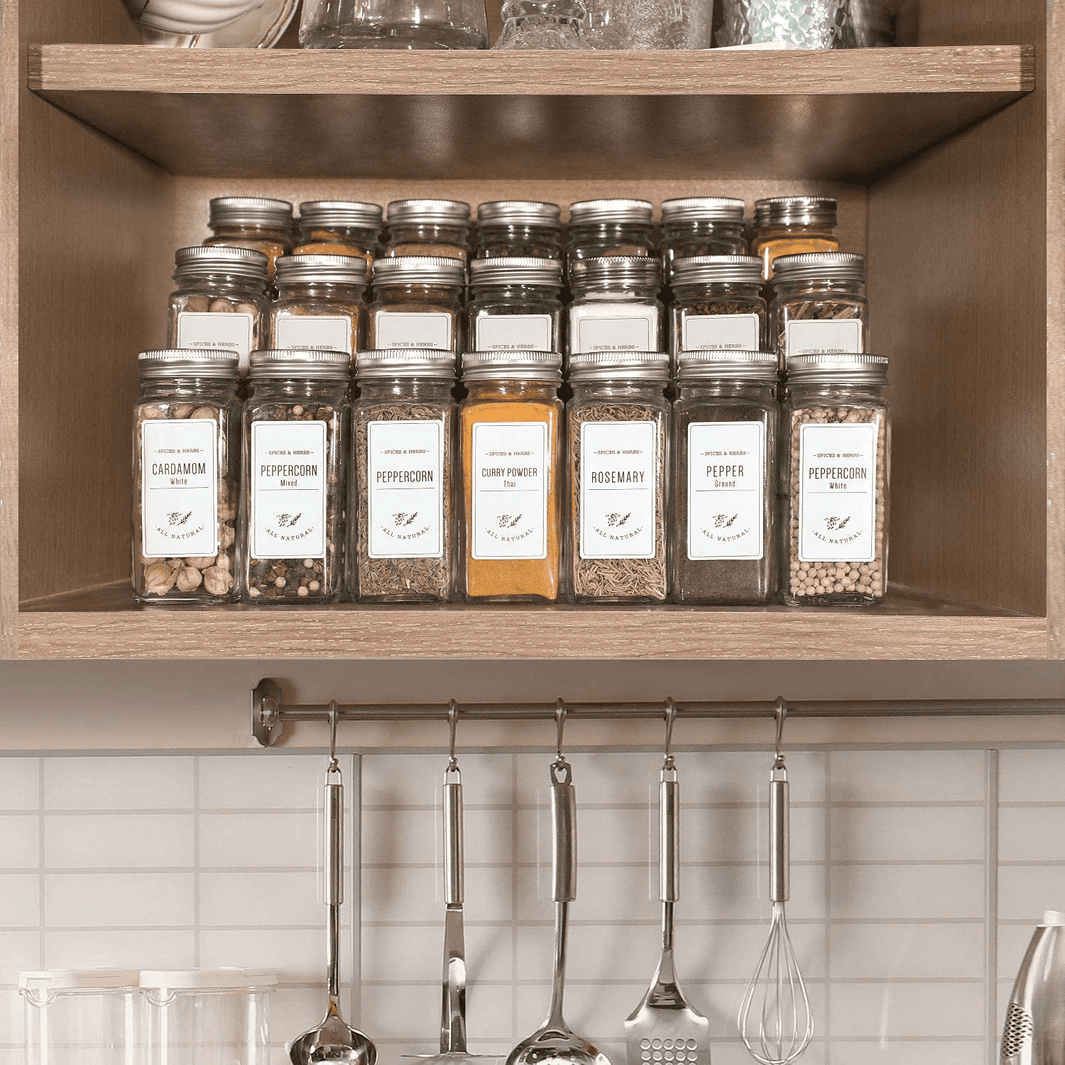 24Pcs Glass Spice Jars with Labels，4Oz Empty Square Spice Bottles