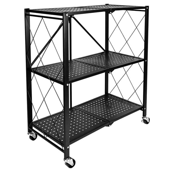 HealSmart 3-Tier Foldable Metal Rack, 27.95" D x 13.39" W x 33.85" H Storage Shelving Unit with Wheels Moving Organizer Shelves for Garage Kitchen, Black