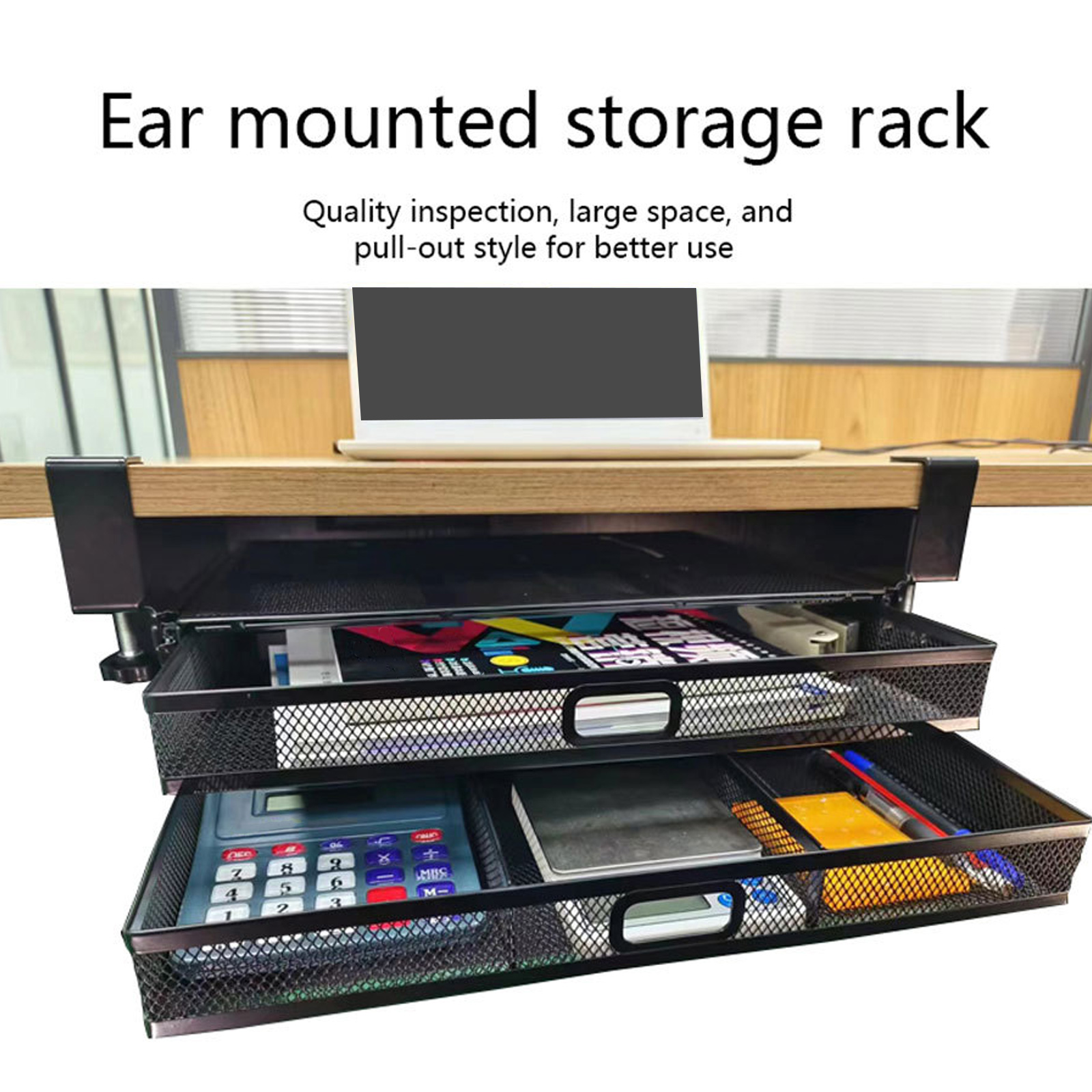 Under Desk Organiser with 2 Sliding Drawers Multifunctional Double Layer Storage Rack Space Saving Two Tiers Basket