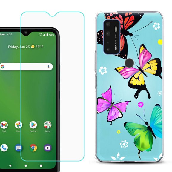 Shockproof Bumper Phone Case for AT&T Radiant Max 5G / Fusion 5G, with Tempered Glass Screen Protector, by OneToughShield ® - Butterfly