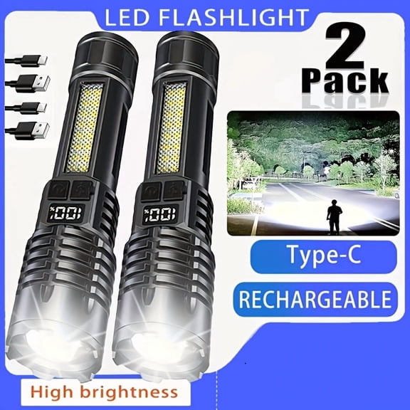 2 Pack Super Bright Rechargeable Flashlight - 5 Modes, Zoomable Focus, Tactical LED Light for Camping, Hiking & Emergencies