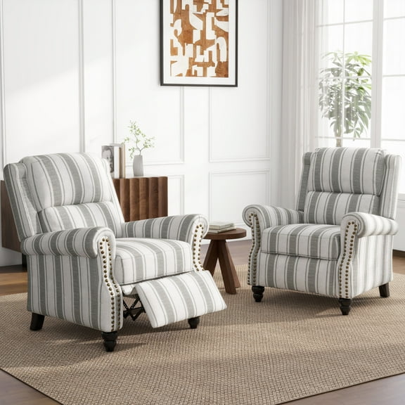 Pushback Recliner Chair Sets of 2 Wingback Reading Armchair Home Theater Overstuffed Recliner Sofa for Living Room, Stripe Gray