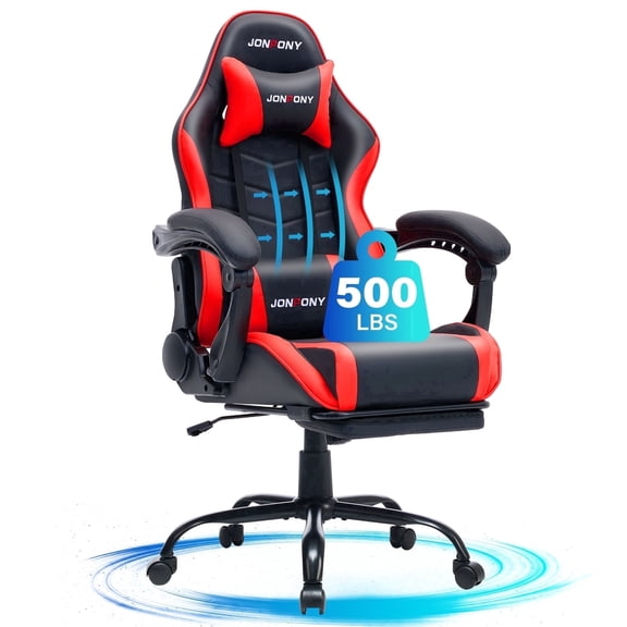 JONPONY 500LBS Big & Tall Gaming Chair, Ergonomic High-Back Gamer Chair with Footrest Lumbar Support, PU Leather Office Computer Chair for Long Sitting, Red