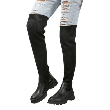 GHSOHS Cowboy Boots for Women Mid Calf Boots Knee High Boots British Leather Elastic Fabric Panel Wide Calf Thick Bottom Long Sleeve Over Knee Boots Rain Boots Dress Shoes Wide Calf Boots Size 41