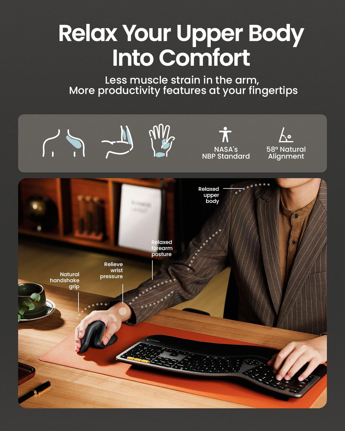 Ergonomic Mouse, EM11 NL Bluetooth Rechargeable Wireless Vertical Mouse, 3 Multi-Device Connectivity for Computer/PC/Laptop, 2.4GHz Optical Mice for Windows, Mac OS, Black