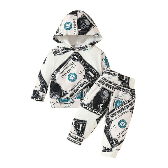 Usaibhir Baby Toddler Boys 2 Piece Outfits Pullover Dollar Printed Hoodies Sweatshirt and Pants Tracksuit Set 3-24M