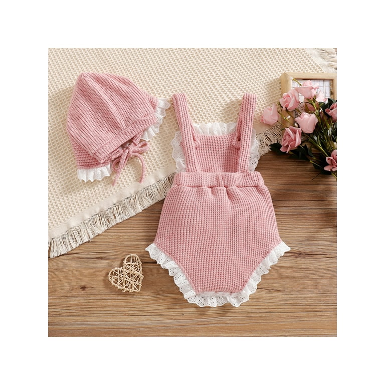 Qtinghua Newborn Baby Girl Romper Lace Bodysuit Ruffle Sleeveless Knit Bow-Knot  Jumpsuit with Hat Summer Outfits Pink 6-9 Months 