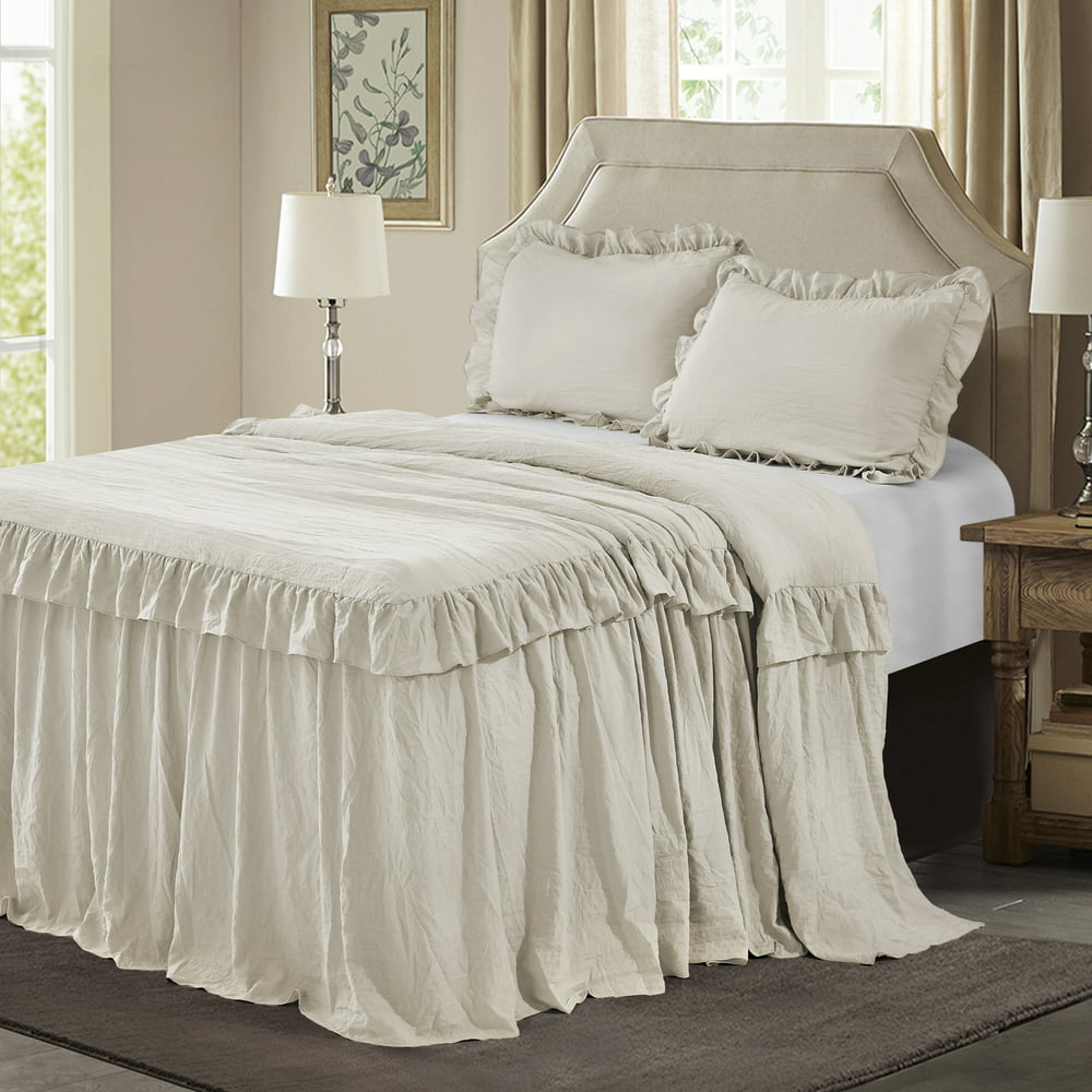 HIG 3 Piece Ruffle Skirt Bedspread Set King-Camel Color 30 inches Drop ...