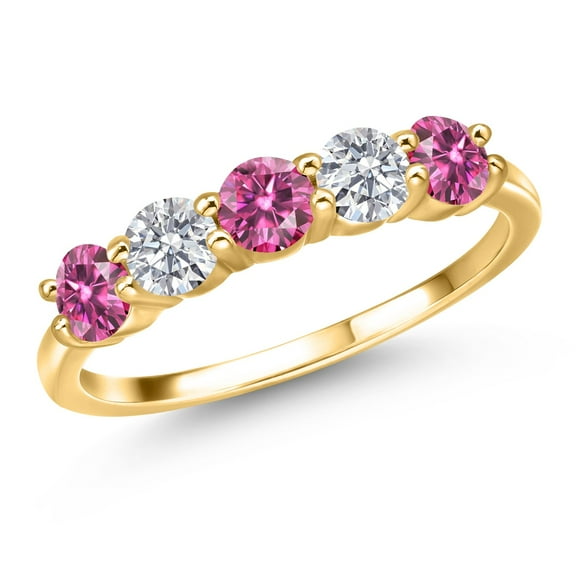 Gem Stone King 18K Yellow Gold Plated Silver Band Ring Round Pink Moissanite and Lab Grown Diamond G/H (1.23 Cttw, Size 7)