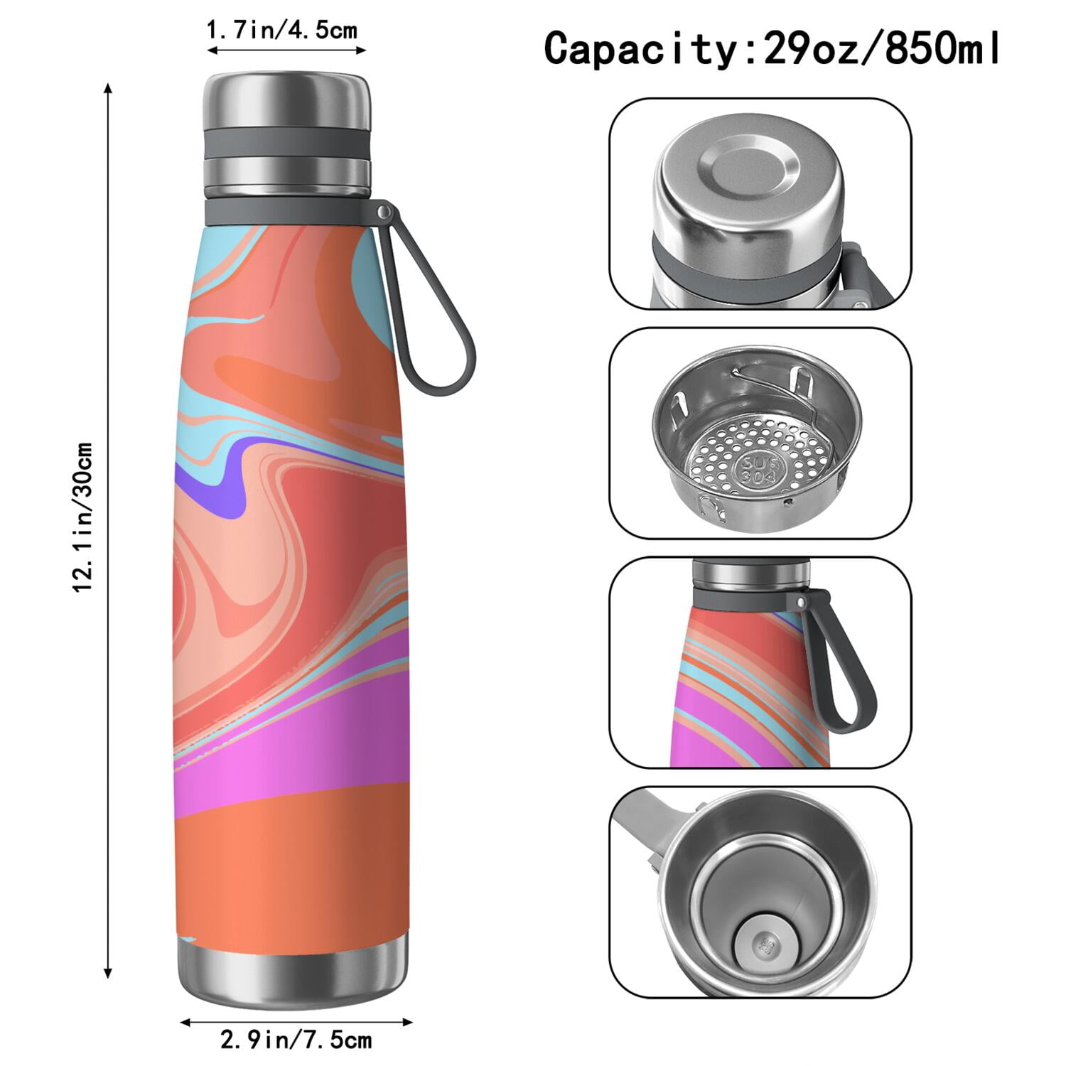 29oz Insulated Water Bottle with Tea Infuser, Stainless Steel Travel Mug, Liquid & Marble Print