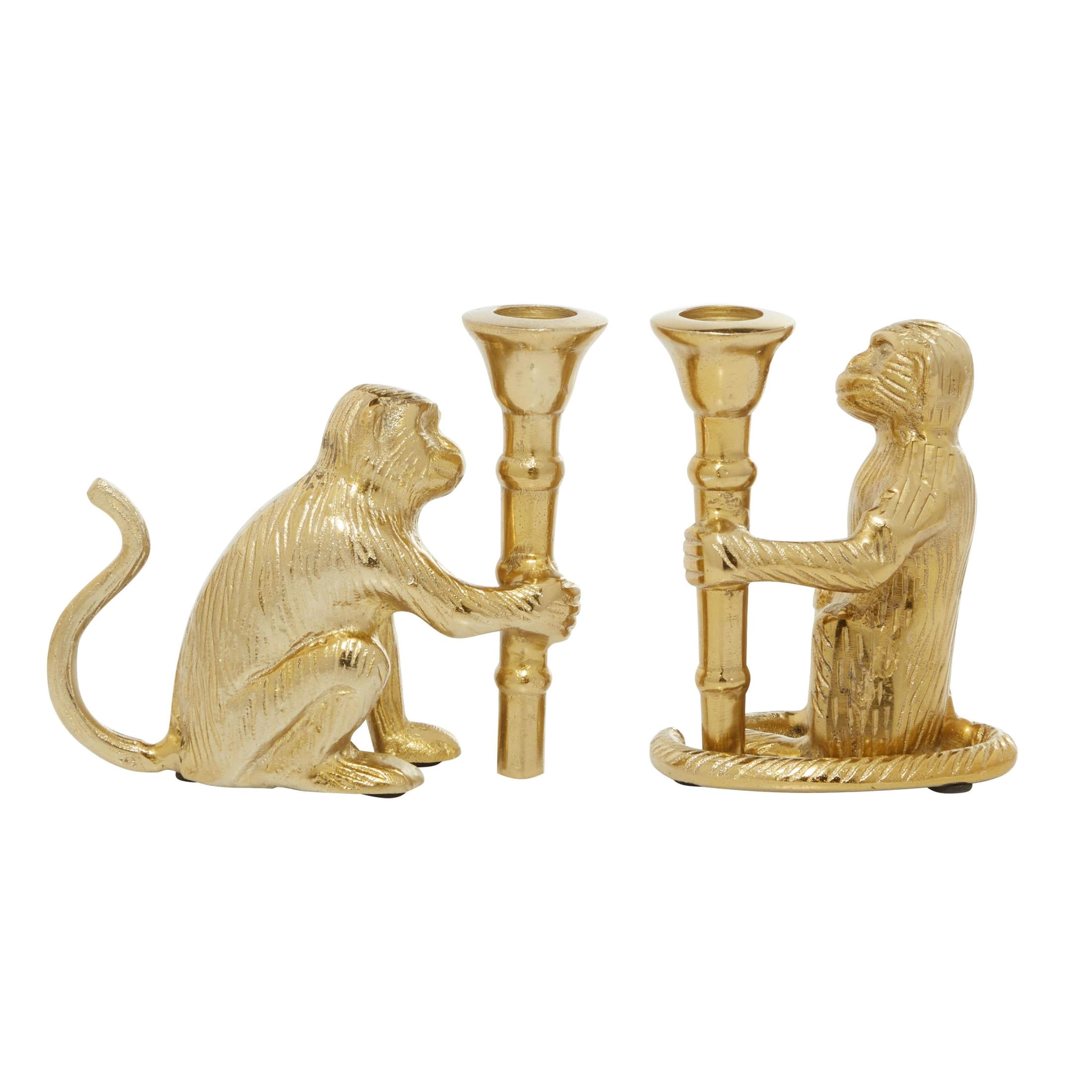 DecMode 2 Candle Gold Aluminum Metal Monkey Candle Holder, Set of 2