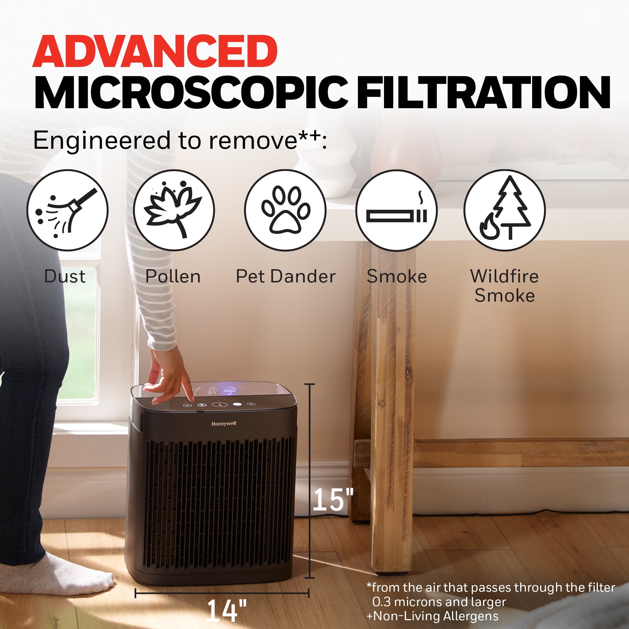 Honeywell 900 Sq ft HEPA Air Purifier for Home, Black, Smoke, Pollen, Dust Reducer