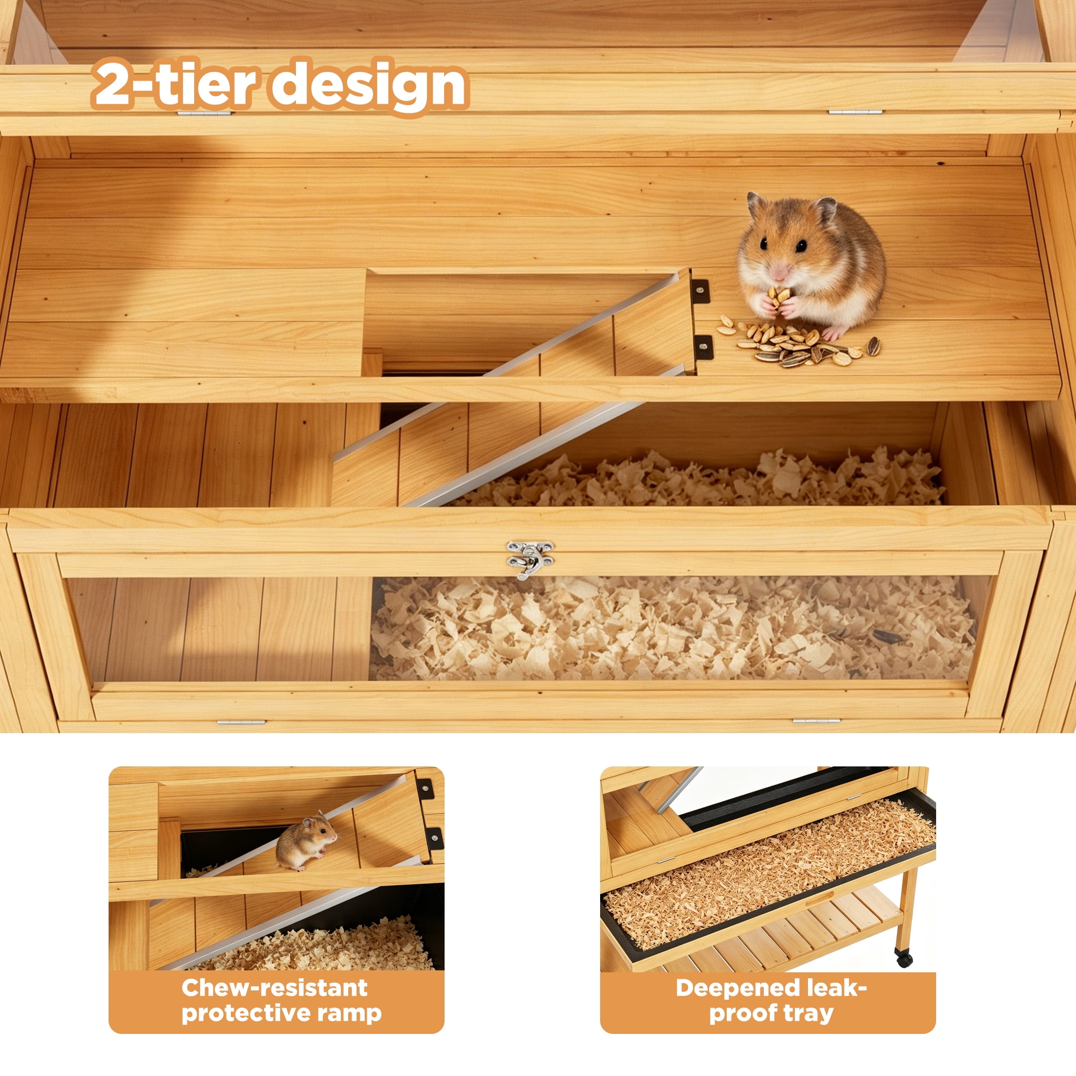 Chew Proof Wooden Hamster Cage with Storage Shelf, Movable 2 Tier Hamster Enclosure with 3 Acrylic Window, Natural