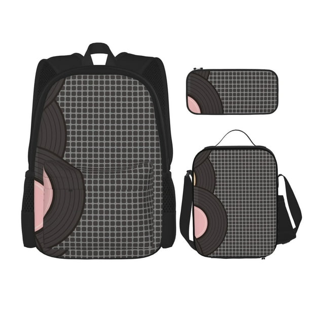 Easygdp Vinyl Records Mochila para Niños y Niñas con Set de Caja de Almuerzo y Estuche para Lápices 3 en 1, Mochila Escolar Estampada para Adolescentes