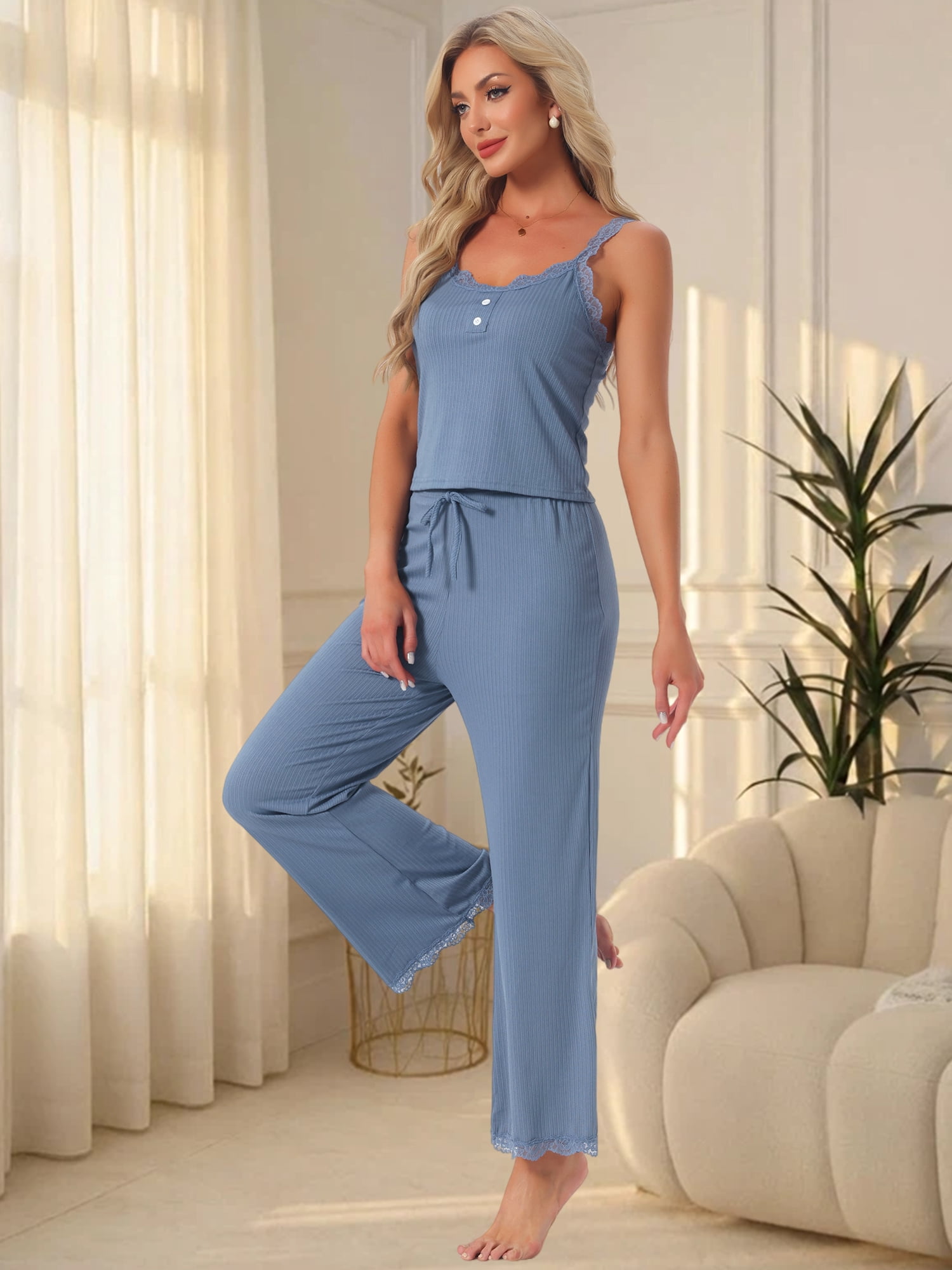 DARING DIVA Women's Pajama Sets Ribbed Knit Lace Tank Shorts Pants Sleepwear L Blue