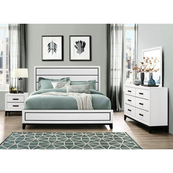 5pc Full Bedroom Furnishings In Mirage White - Build, Low Profile Bed With Tapered Legs, Panel Headboard, Chest, Dresser, Mirror, Nightstand 5 Suite White, Style
