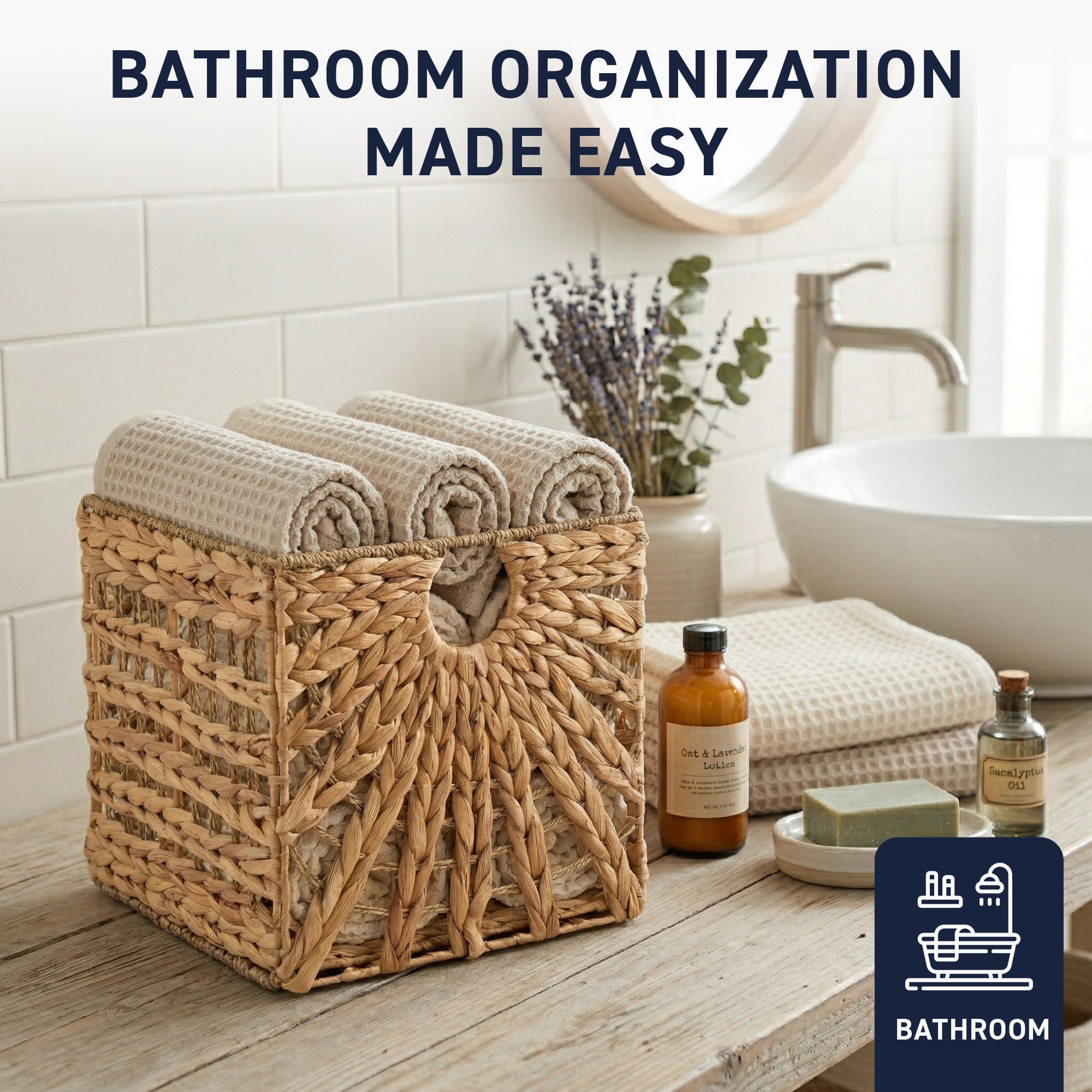 Ornavo Home 13 x 13 Inches Water Hyacinth Seagrass Storage Basket Set of 8 | Natural Handwoven Cube Organizer Bins with Handles for Shelves, Closets, Living Room, Bedroom, Pantry and Laundry