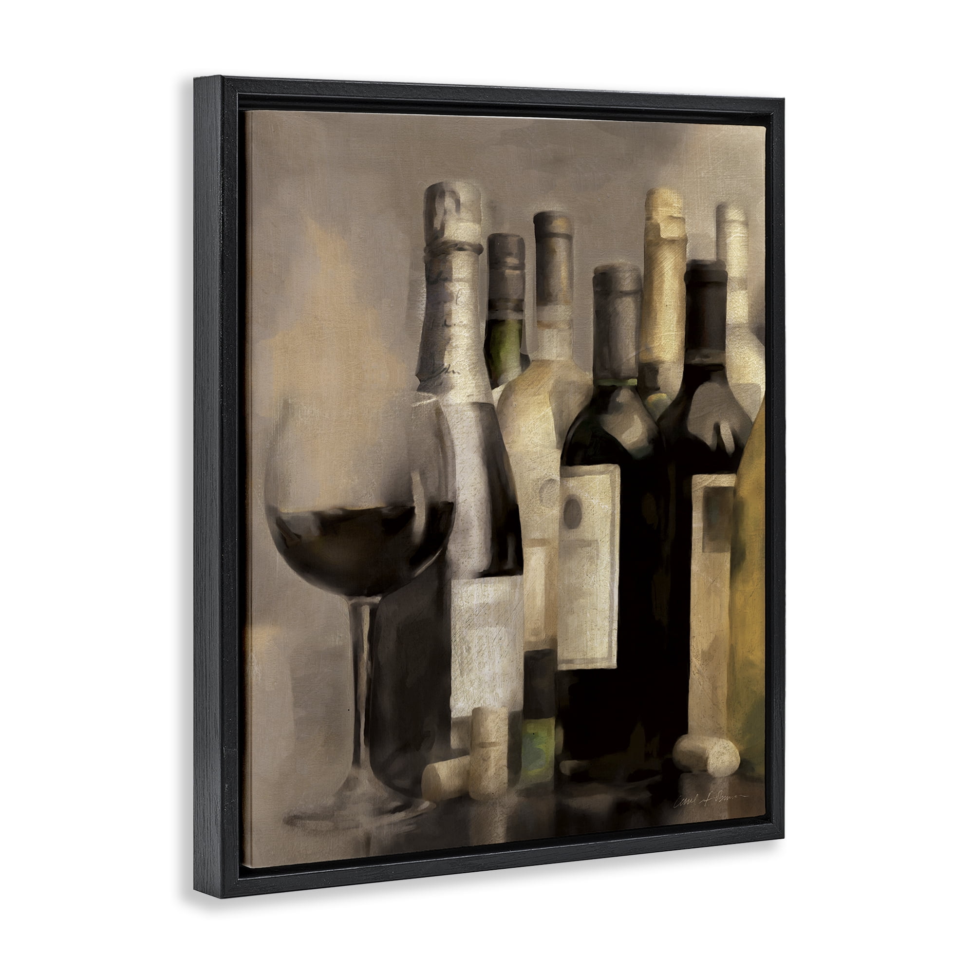 Stupell Industries Wine Glass with Bottles Food & Beverage Painting Black Floater Framed Canvas Art Print Wall Art, 25 x 31