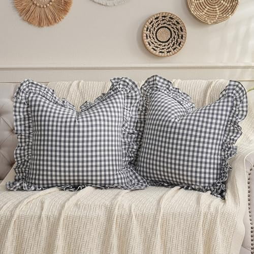2 Pack Grey/White Plaid Ruffled Throw Pillow Sham 20 x20 inches, Washed Cotton Vintage Farmhouse Decorative Gingham Pillow Cover for Sofa/Living Room