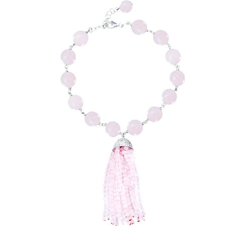 Lesa Michele Cubic Zirconia Sterling Silver Light Pink Tassel and Ball Beaded Bracelet in Sterling Silver