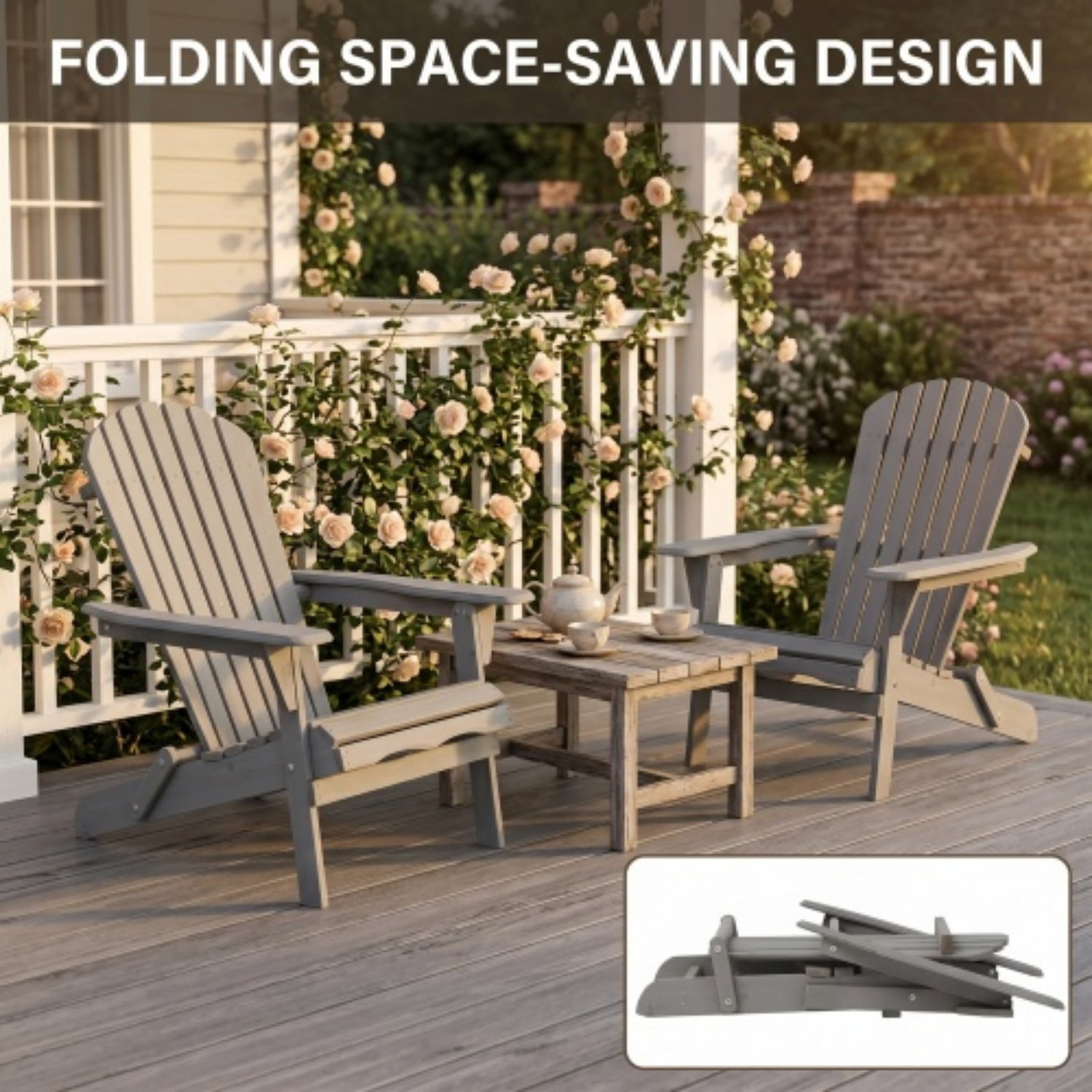 Adirondack Chairs Set of 2, Outdoor Wooden Folding Patio Chairs with Pre-Assembled Backrest, Hemlock Wood Chairs for Garden, Porch, Pool, Deck, Grey