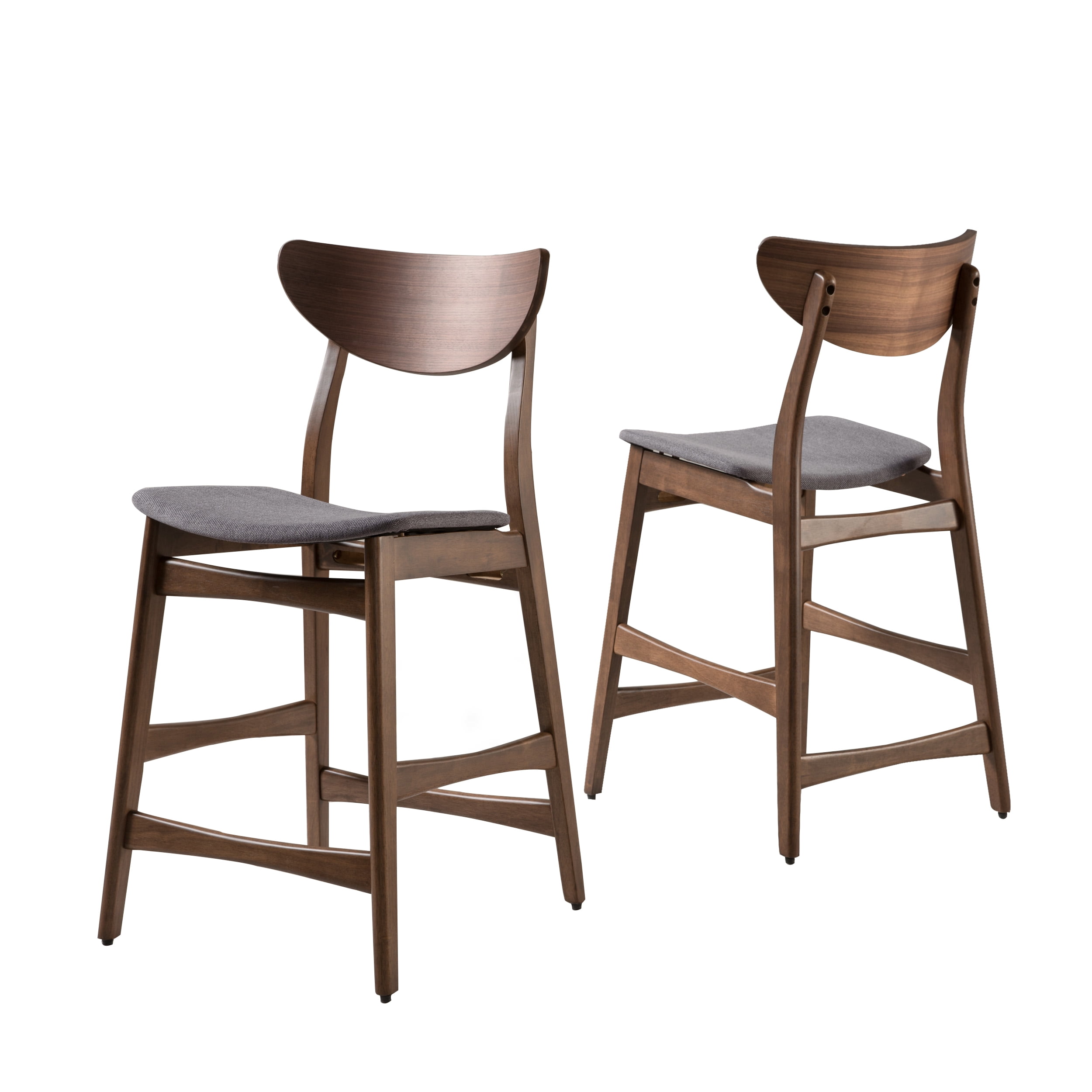 Noble House Gillian Mid-Century Fabric Walnut Finish Counter Chair, Set of 2, Dark Grey