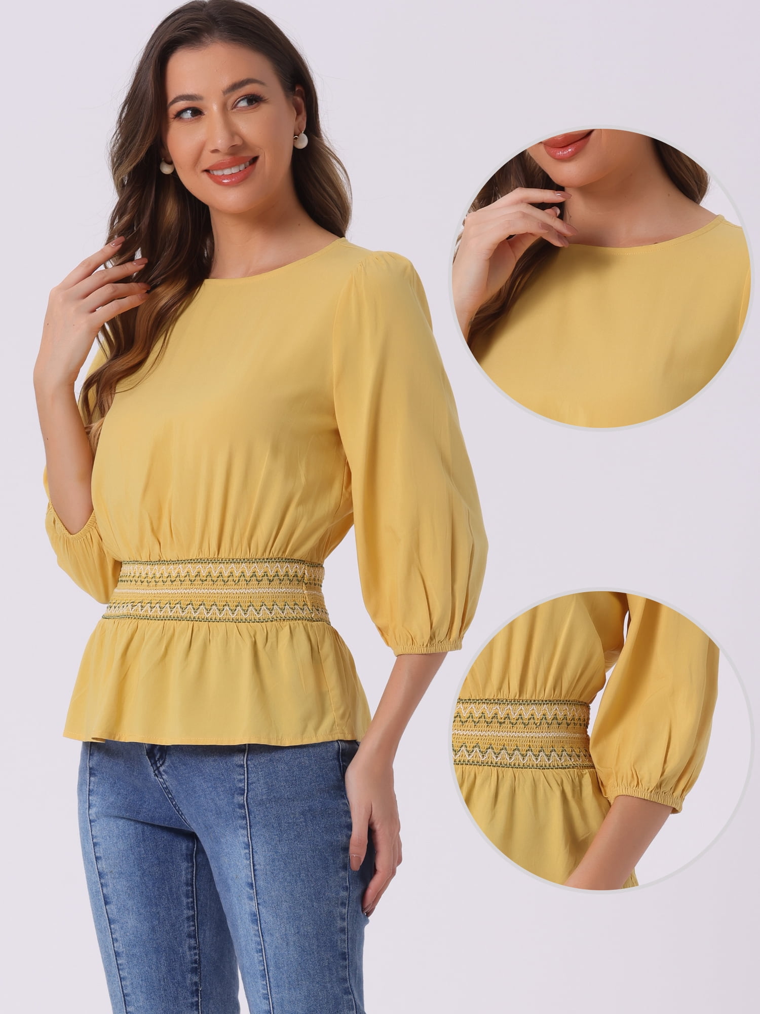 DARING DIVA Peplum Top Puff Smocked Waist Blouse M Yellow