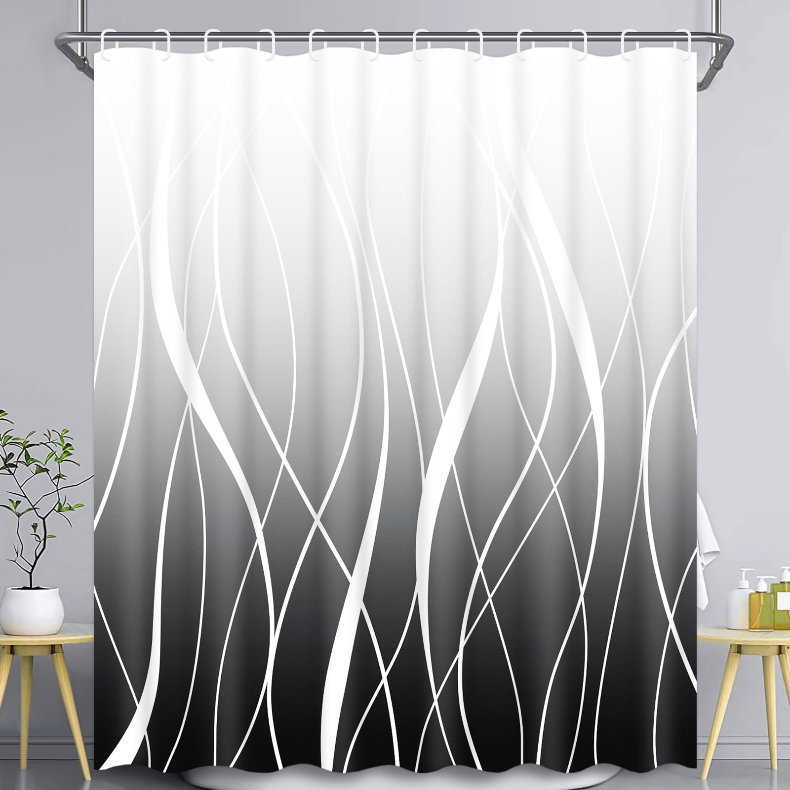 FRAMICS 15-Piece Ombre Black Shower Curtain Sets with Rugs, Waterproof Fabric Striped Gradient Bathroom Sets, 72" x 72"