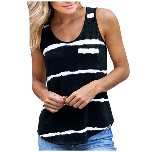Lilgiuy Sales - Camiseta sin mangas con cuello halter a rayas para mujer, con dobladillo fluido, sin mangas, para verano, para el tiempo libre, con bolsillo, ropa deportiva para el hogar