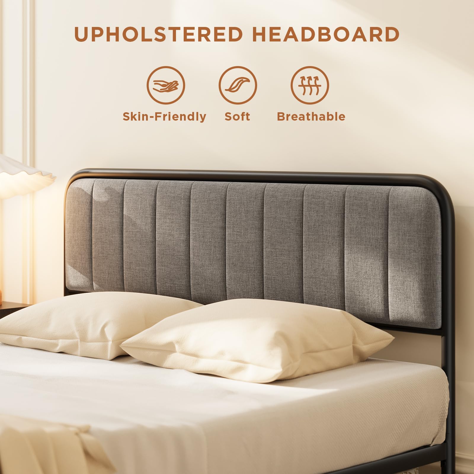 Full Size Bed Frame with Headboard, Under-Bed Storage, 850lbs, Beige