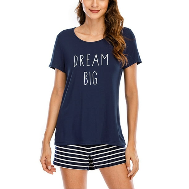 Women Shorts Pajama Set Short Sleeve Cartoon Letter Print Sleepwear Nightwear Pjs 2 Piece Outfit Ladies Crew Neck Tops Short Pants Walmart