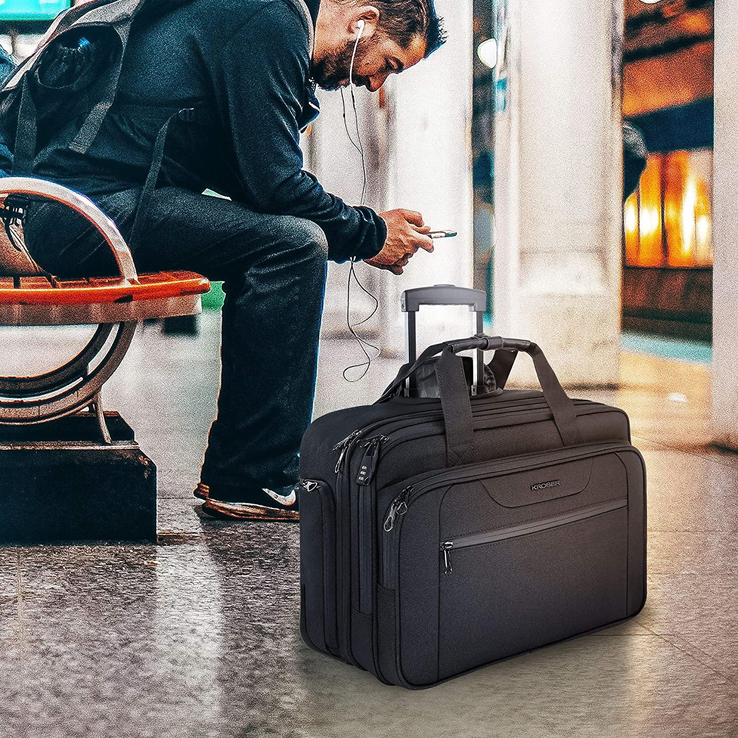 HYATT Leather Accessories 46 Liters Black Leather Laptop Suitcase Bag 4  Wheels 55 Cm : Amazon.in: Fashion