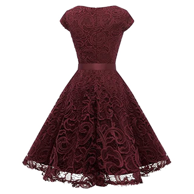 Gibobby Vestido sexy para fiesta Vestido de mujer con cuello de encaje vintage y cintura metida con encaje(Rojo,CH)