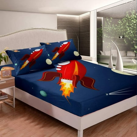 Boys Space Rocket Print Fitted Sheet, Rocket Ship Twin Bedroom