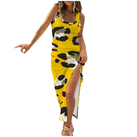 Wycnly Dresses for Women 2025 Fashion Sexy Drawstring Slit Bodycon Knitted Ribbed Party Club Tank Dresses Daisy Print Sleeveless U-Neck Long Formal Dresses for Women Yellow XXL
