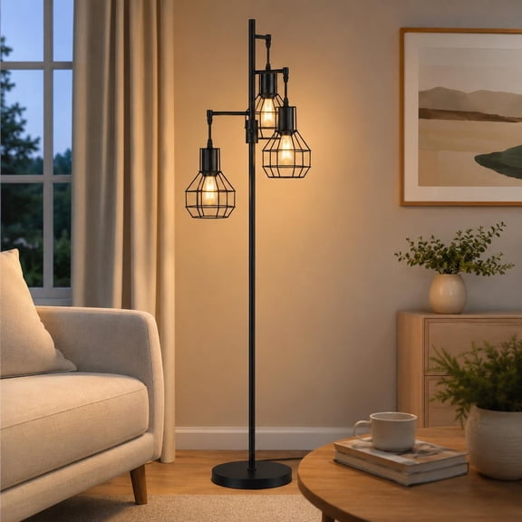 EDISHINE 62in Industrial Black Floor Lamps for Living Room, Dimmable, Metal Standing Tree Lamp for Bedroom, Office, 3 LED Bulb Included
