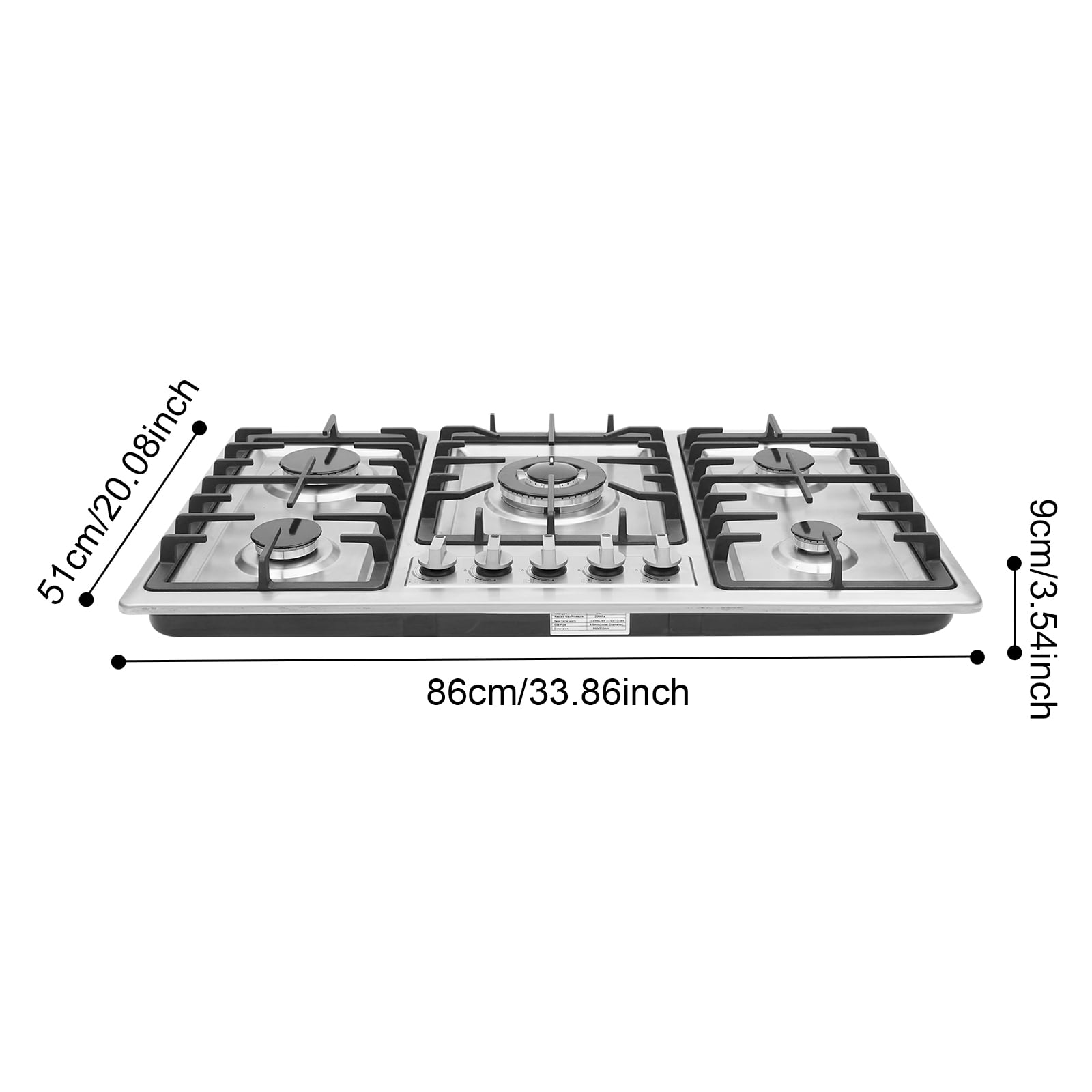 5-Burner Gas Stove, Stainless Steel Gas Cooktop, Black Silver Drop-in Stove for Home & Commercial Kitchens