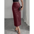 thumbnail image 3 of Burgundy Faux Leather High Waist Pencil Skirt Mid-Length Dressy Casual With Slit, 3 of 5