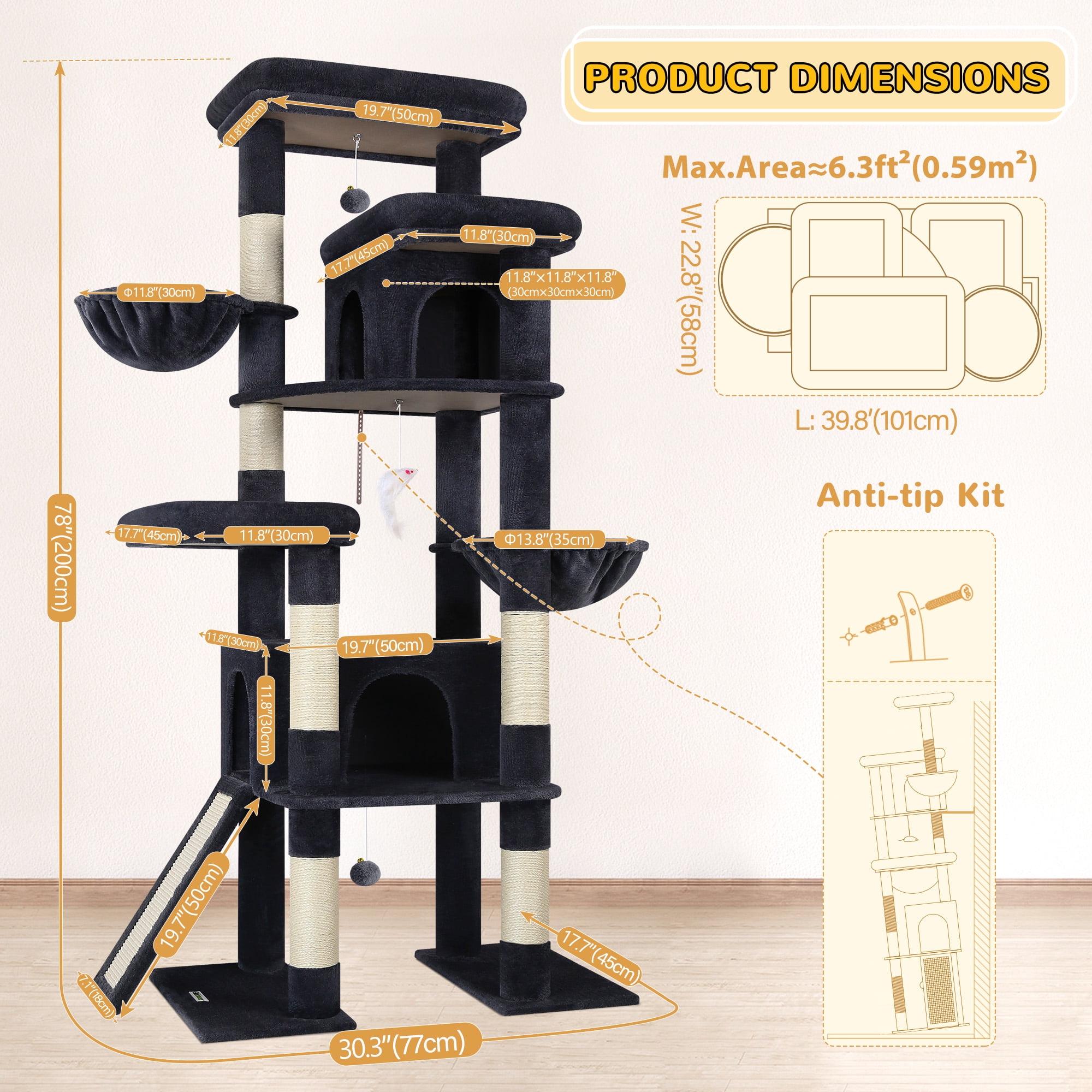 Globlazer 78" Multi-Level Large Cat Tree and Tower Condo for Indoor Cats with Sisal Scratching Posts, Condos, Hammock & Hammock, Dark Gray