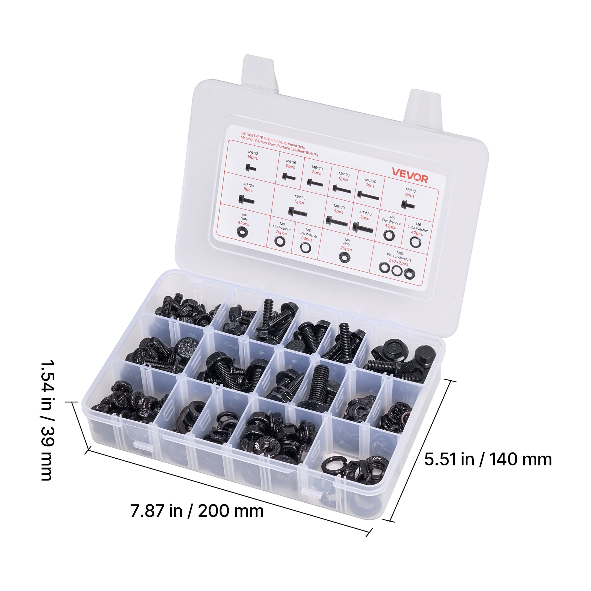 VEVOR 280 Pcs Bolts and Nuts Assortment Kit, Metric Machine Screws and Flat Washers, Alloy Steel M6/M8/M10 Multiple Size, for Furniture / Equipment Assembly, Vehicle Grade 10.9 Black, with Case