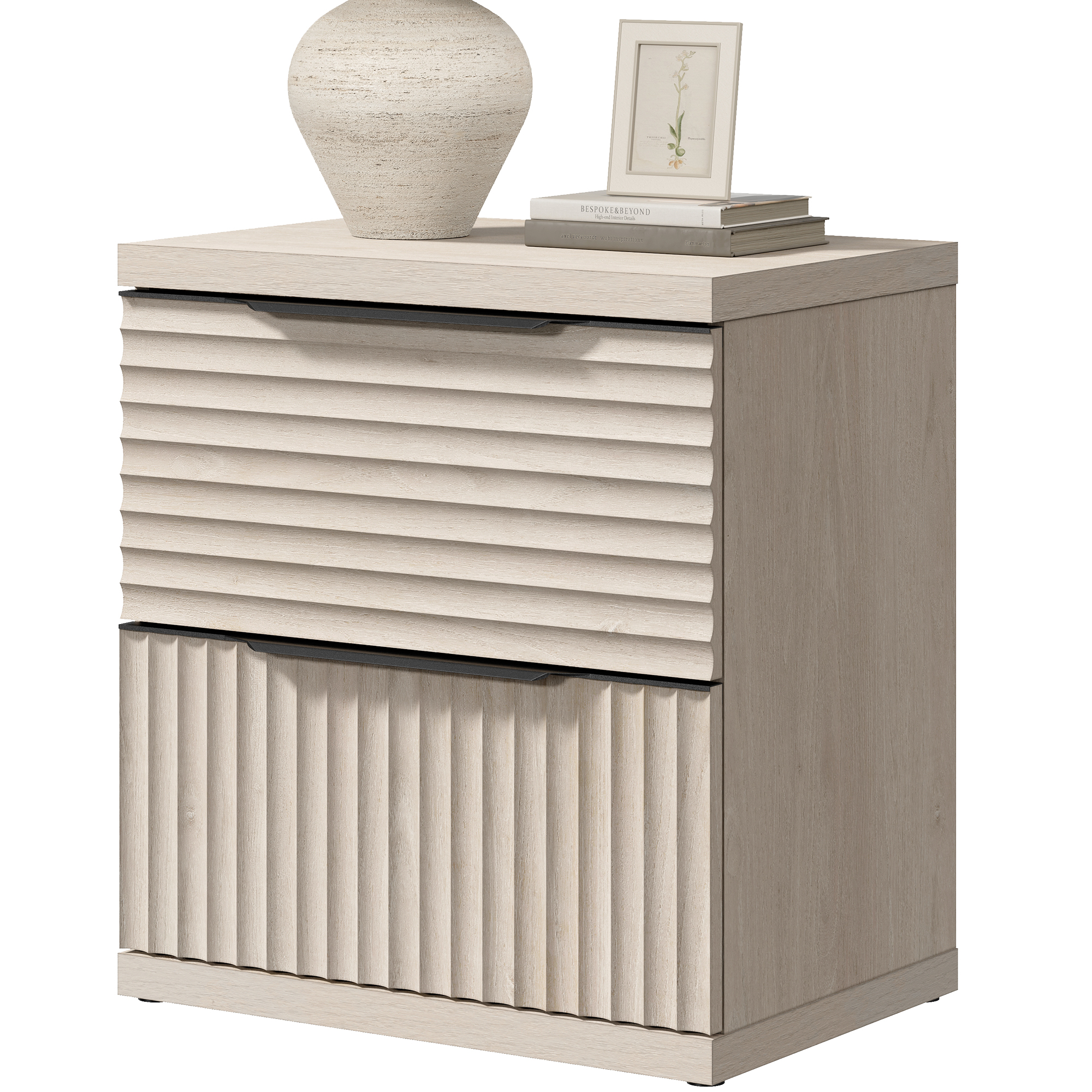 SICOTAS Fluted 2 Drawer Nightstands for Bedroom, Modern Wooden Bedside Tables with Drawers & Black Handles, Light Grey