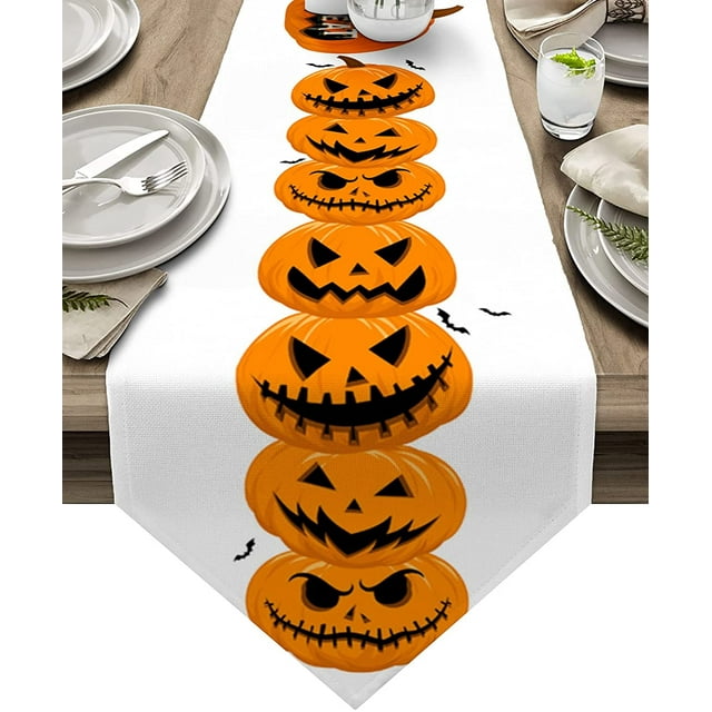 Cotton Linen Table Runners Halloween Orange Pumpkin Trick or Treat Kitchen Dining Burlap Table Decoration for Home Party Decor 13 x 108 Inch