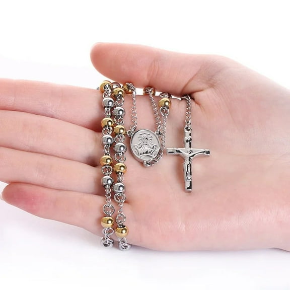 14K White Gold Rosary Beads Jesus Pendant Necklace Catholic Long Chain Cross Necklace for Women Jewelry Gifts