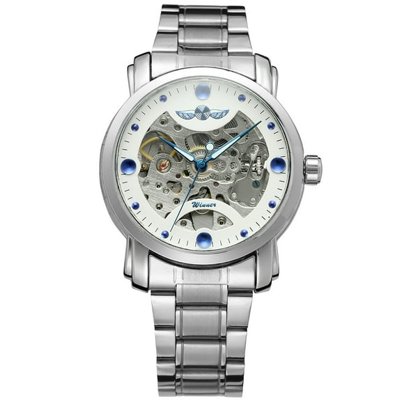 WINNER Winner 005 Men's Business Mechanical Watch with 3ATM Water Resistance, Stainless Steel/Leather Strap, White & Blue Steel Band (Includes Original Box)
