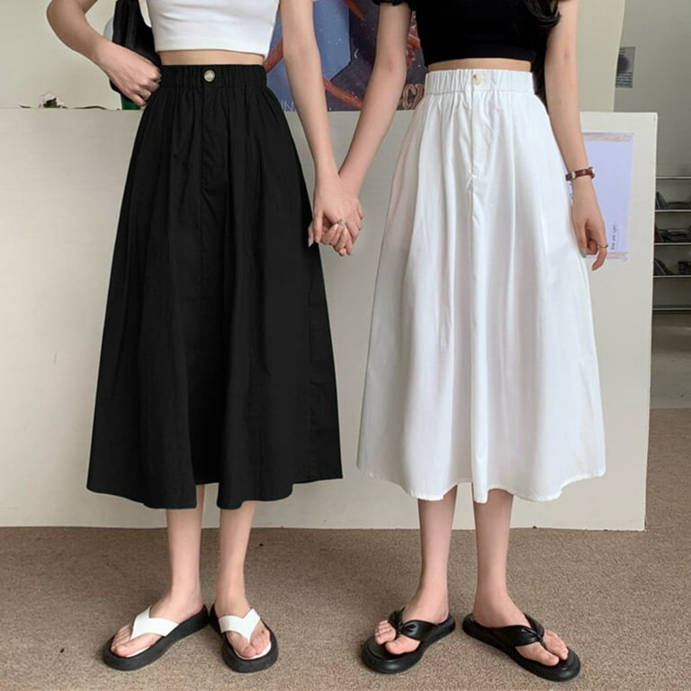PIKADINGNIS Summer Casual A-line Skirts for Women Vintage Solid