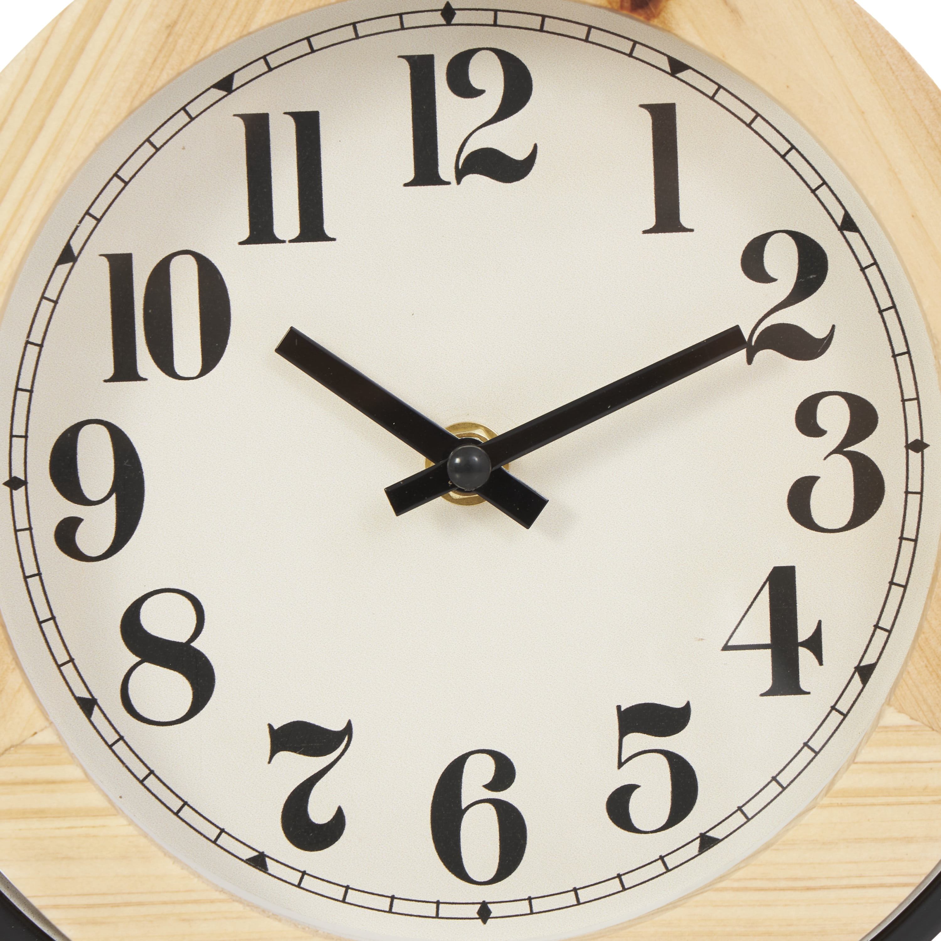 DecMode 10" Light Brown Wood Clock with Curved Black Metal Stand and Ball Details