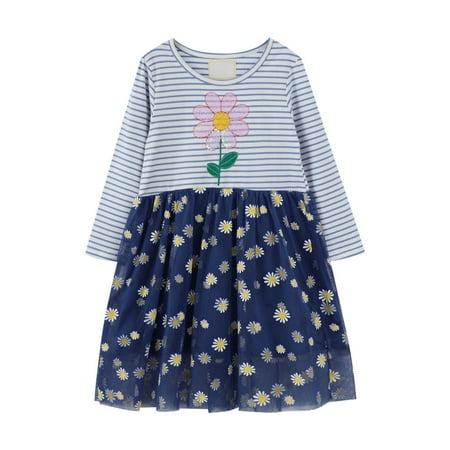 

XIEULQP Summer Dress Girls and Toddler s Long Sleeve Dress Flower and Little Wrinkled Chrysanthemum Cartoon Appliques A Line Flared Skater Dress Cotton Dress Outfit Flower Girl Dress Dark Blue