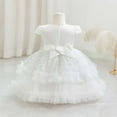 thumbnail image 5 of SERTG Little Girls' Party Dress Sheer Paneled Skirt with Back Zipper Short Sleeve Round Neck Princesse Outfit for 6 Months-4 Years(White,18 Months), 5 of 6