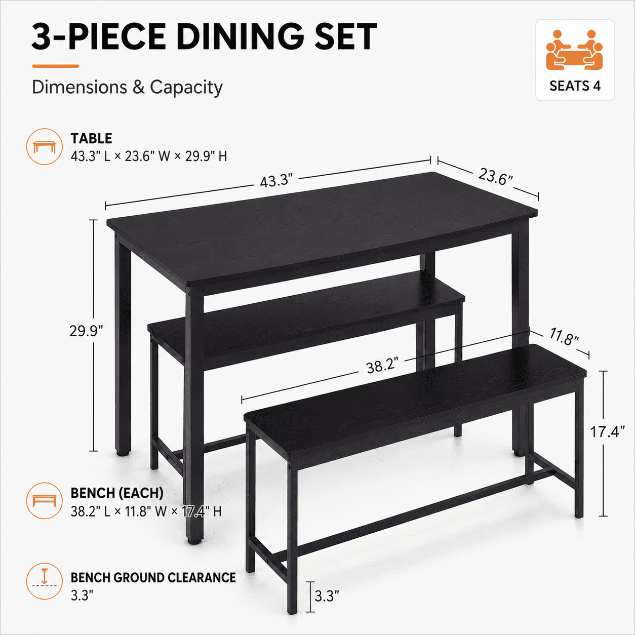 Aukfa Dining Table Set for 4, Rectangular Kitchen Table W/ 2 Benches for Small Space,Black