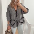 thumbnail image 3 of Women Plaid Babydoll Blouse 3/4 Puff Sleeve Tie Front Shirt Top Aesthetic Ruffle Hem Heart Pocket Lace Up Going Out Tops, 3 of 7